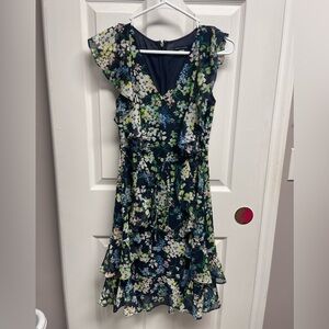 Tommy Hilfiger Dress Size 2 Floral Ruffles Navy Blue Pink Yellow